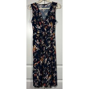 HaiL3y:23 Womens Faux Wrap Midi Dress Navy Blue Floral Tropical Slit Front XL